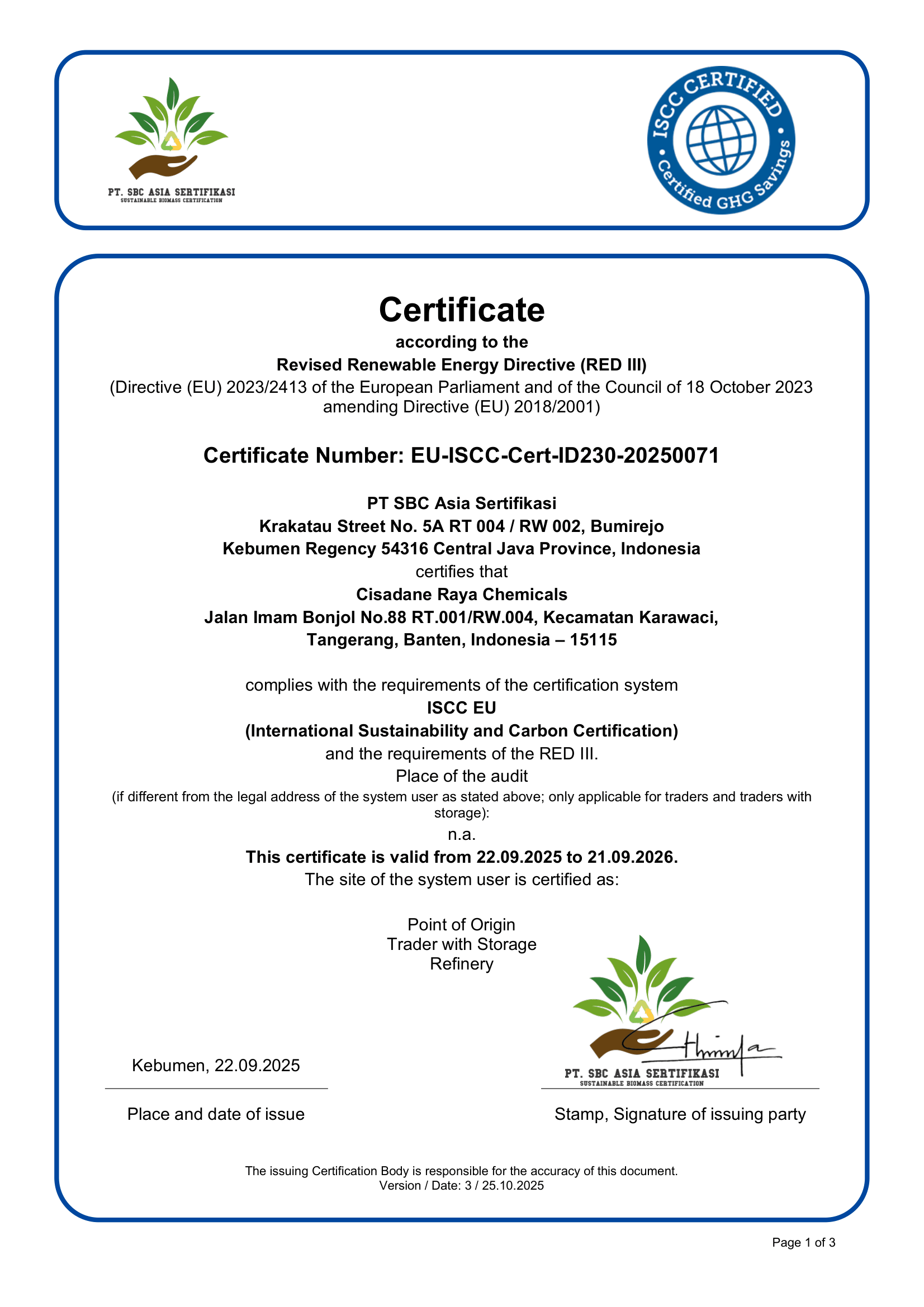 Certificate EU-ISCC – PT. Cisadane Raya Chemical