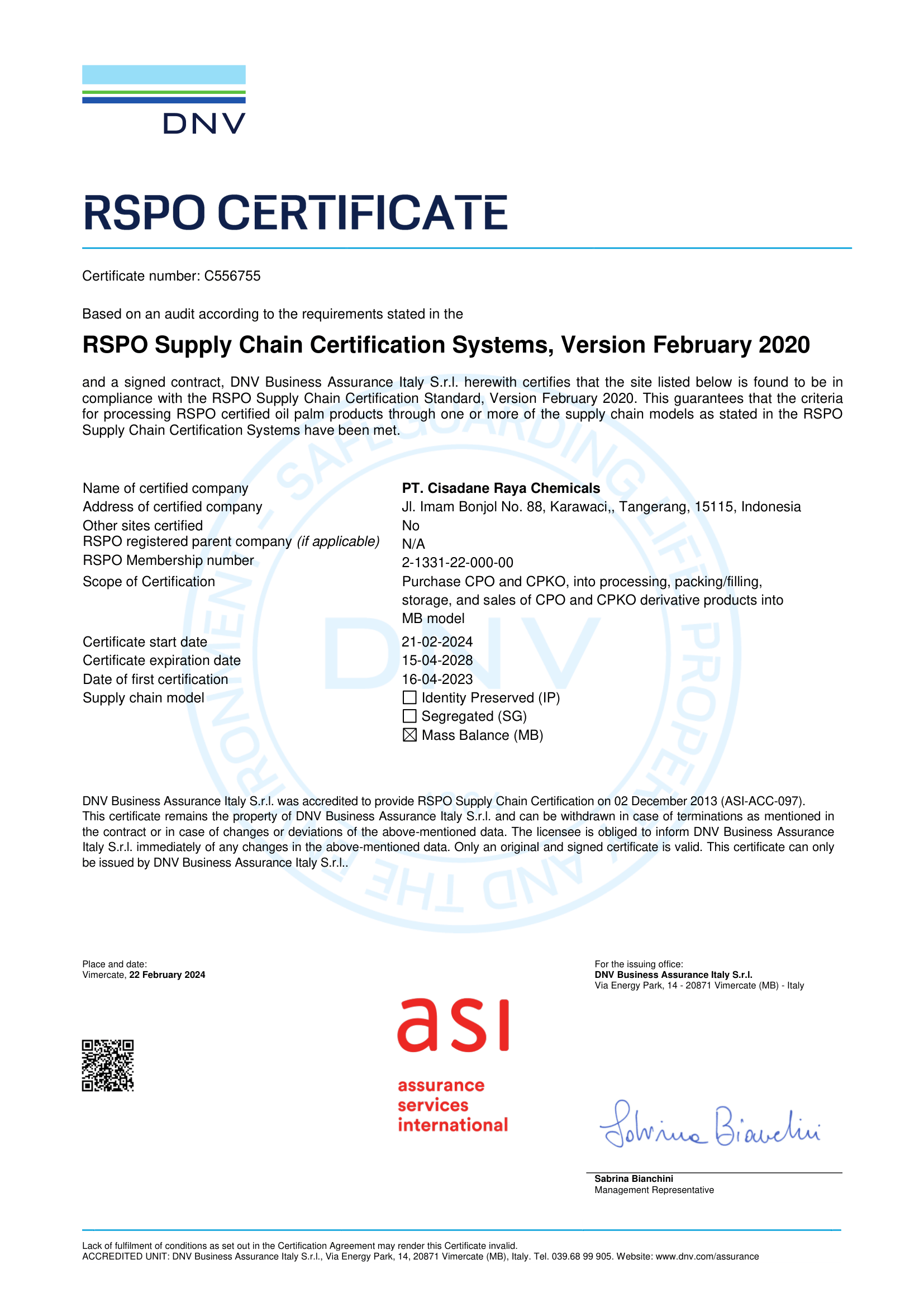 Certificate FSSC 22000 – PT. Cisadane Raya Chemical