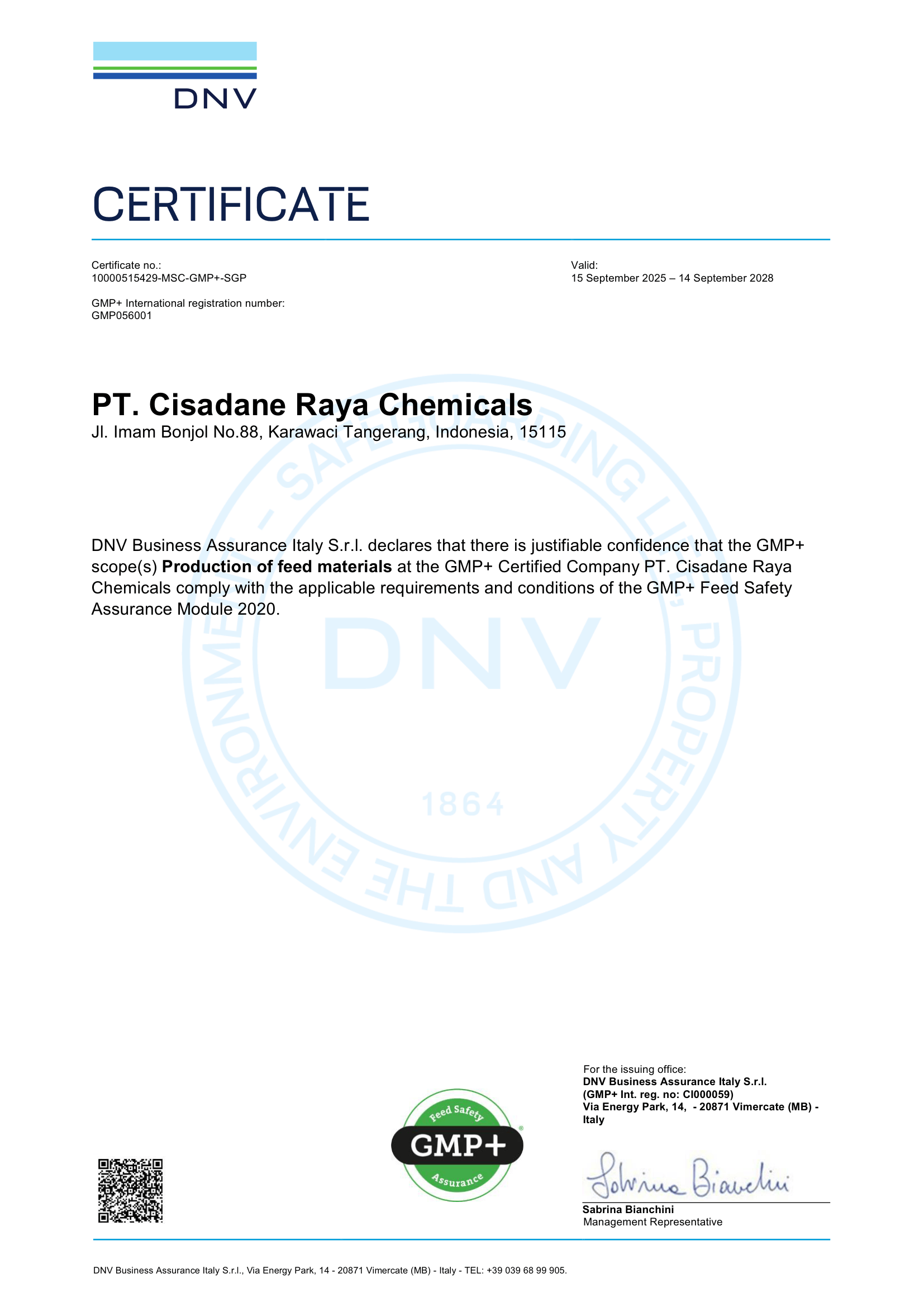 Certificate GMP+ Feed Safety Assurance – PT. Cisadane Raya Chemical