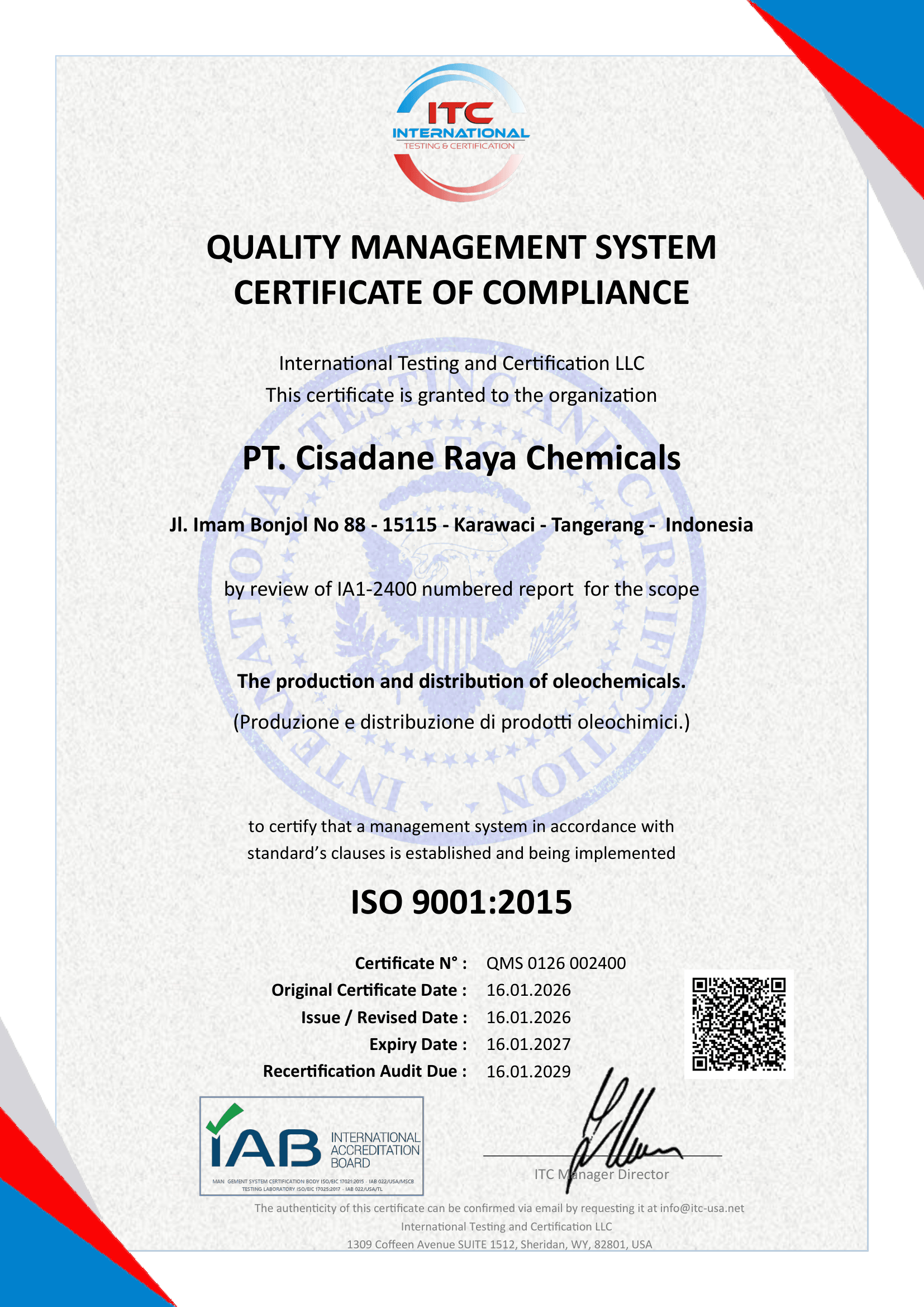 Certificate ISO 9001:2015 – PT. Cisadane Raya Chemical