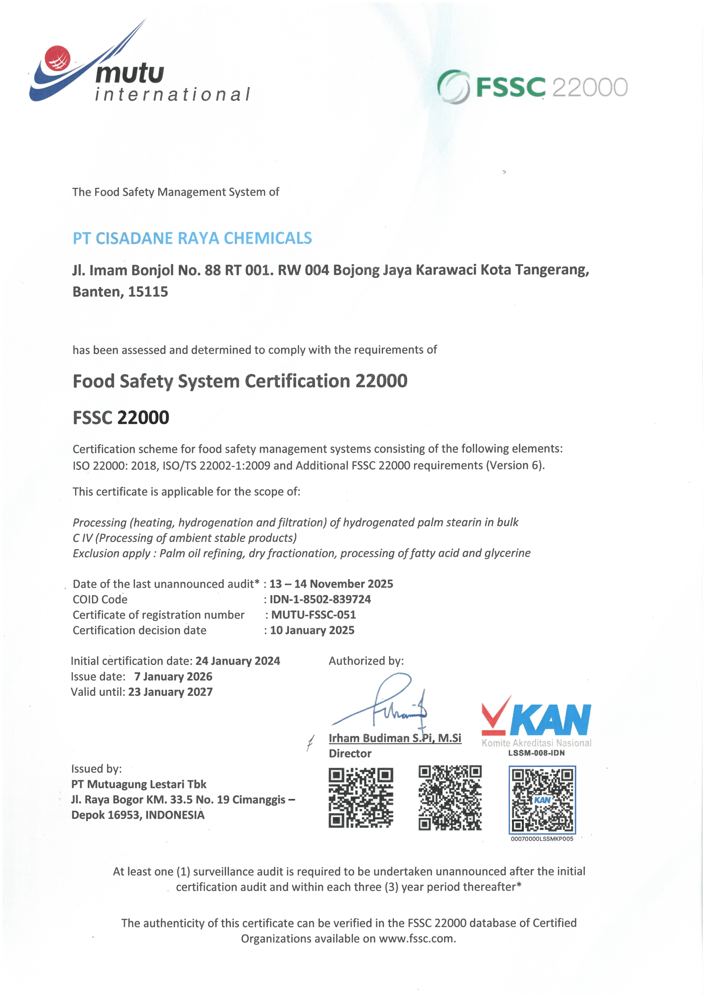 Certificate RSPO – PT. Cisadane Raya Chemical